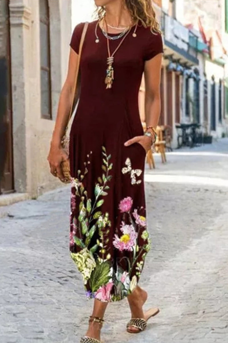 Kaynafashions - Casual Street Print Patchwork O Neck Short Sleeve Dress Dresses(10 Colors)