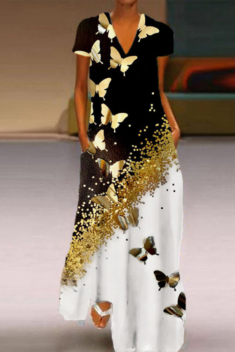 Kaynafashions - Casual Butterfly Print Patchwork V Neck Straight Dresses(5 colors)