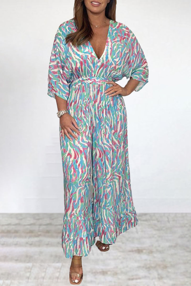 Kaynafashions - Bohemian College Print Backless V Neck Loose Jumpsuits