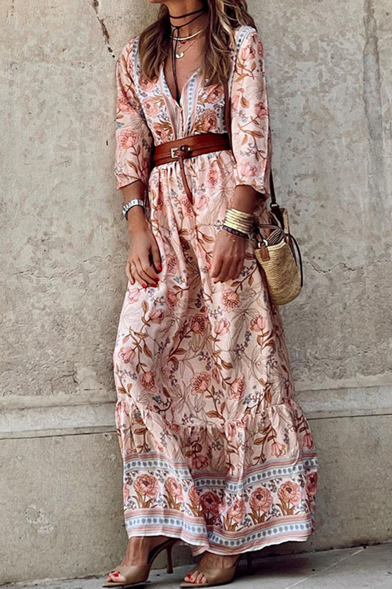 Kaynafashions - Bohemian Floral With Belt V Neck A Line Dresses