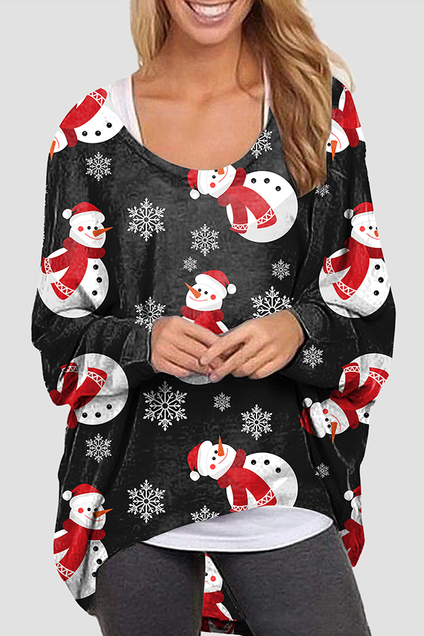 Kaynafashions - Casual Santa Claus Snowman Printed Basic O Neck Tops