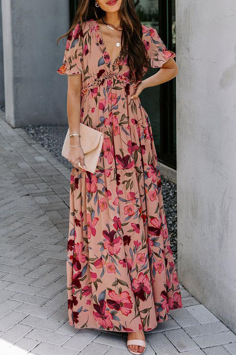Kaynafashions - Elegant Floral Patchwork V Neck A Line Dresses(4 Colors)