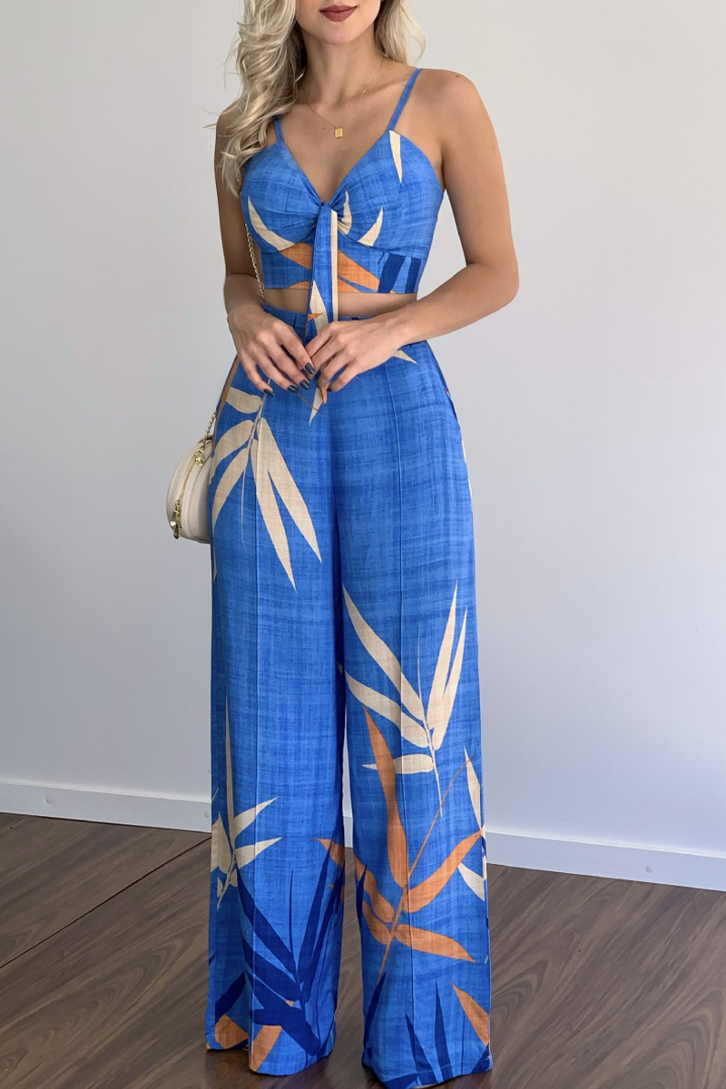 Kaynafashions - Fashion Print Spaghetti Strap Straight Jumpsuits(5 Colors)