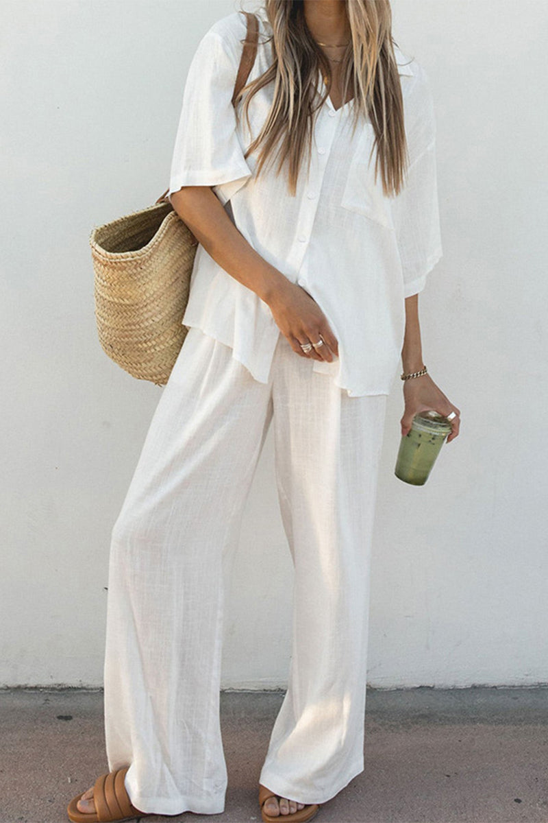 Kaynafashions - Casual Simplicity Solid Buttons Turndown Collar Short Sleeve Two Pieces