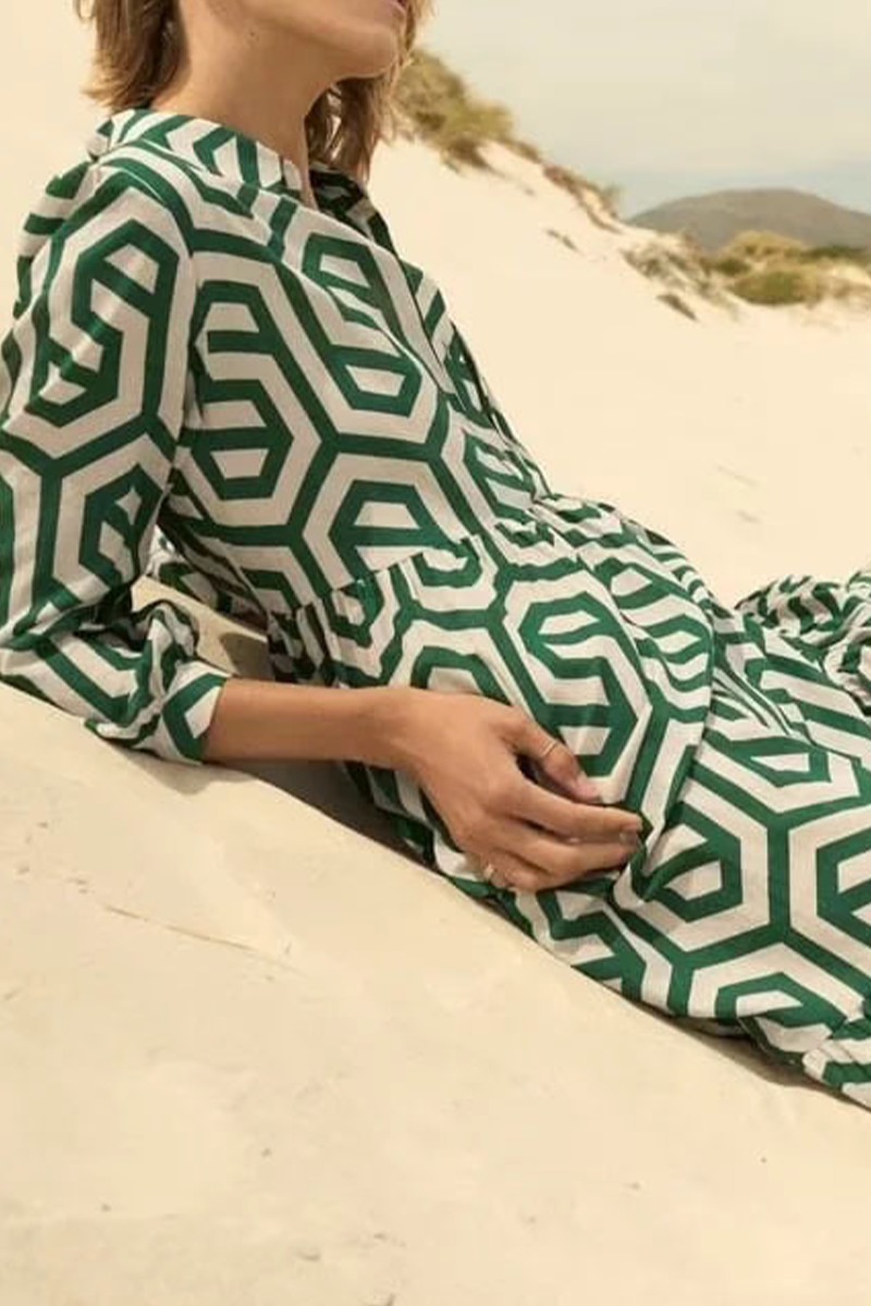 Kaynafashions - Casual Print Patchwork Turndown Collar Cake Skirt Dresses