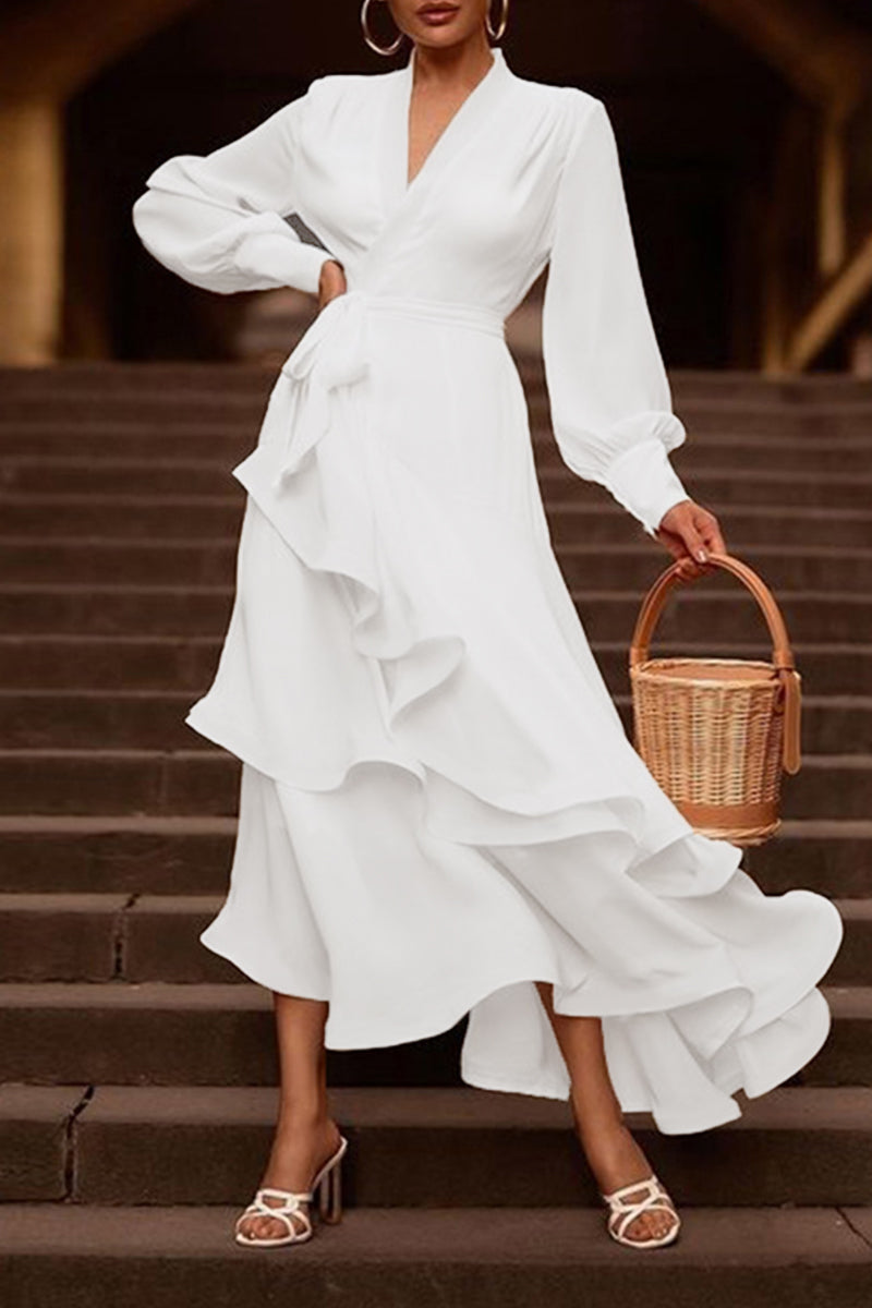 Kaynafashions - Elegant Simplicity Solid Flounce V Neck Irregular Dress Dresses