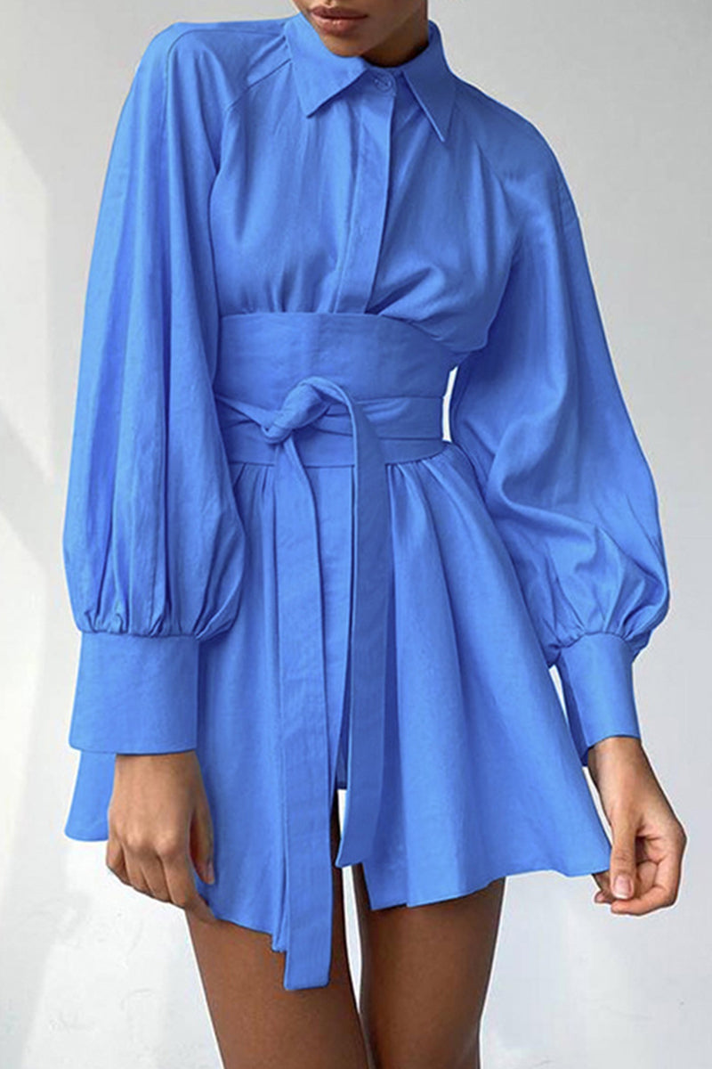 Kaynafashions - Work Elegant Solid Bandage Turndown Collar Waist Skirt Dresses