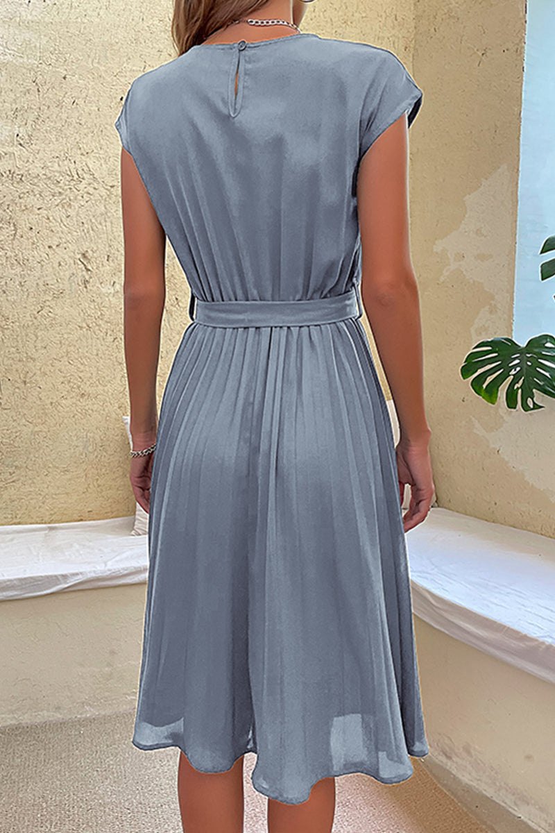 Kaynafashions - Elegant Solid Frenulum Fold O Neck Pleated Dresses