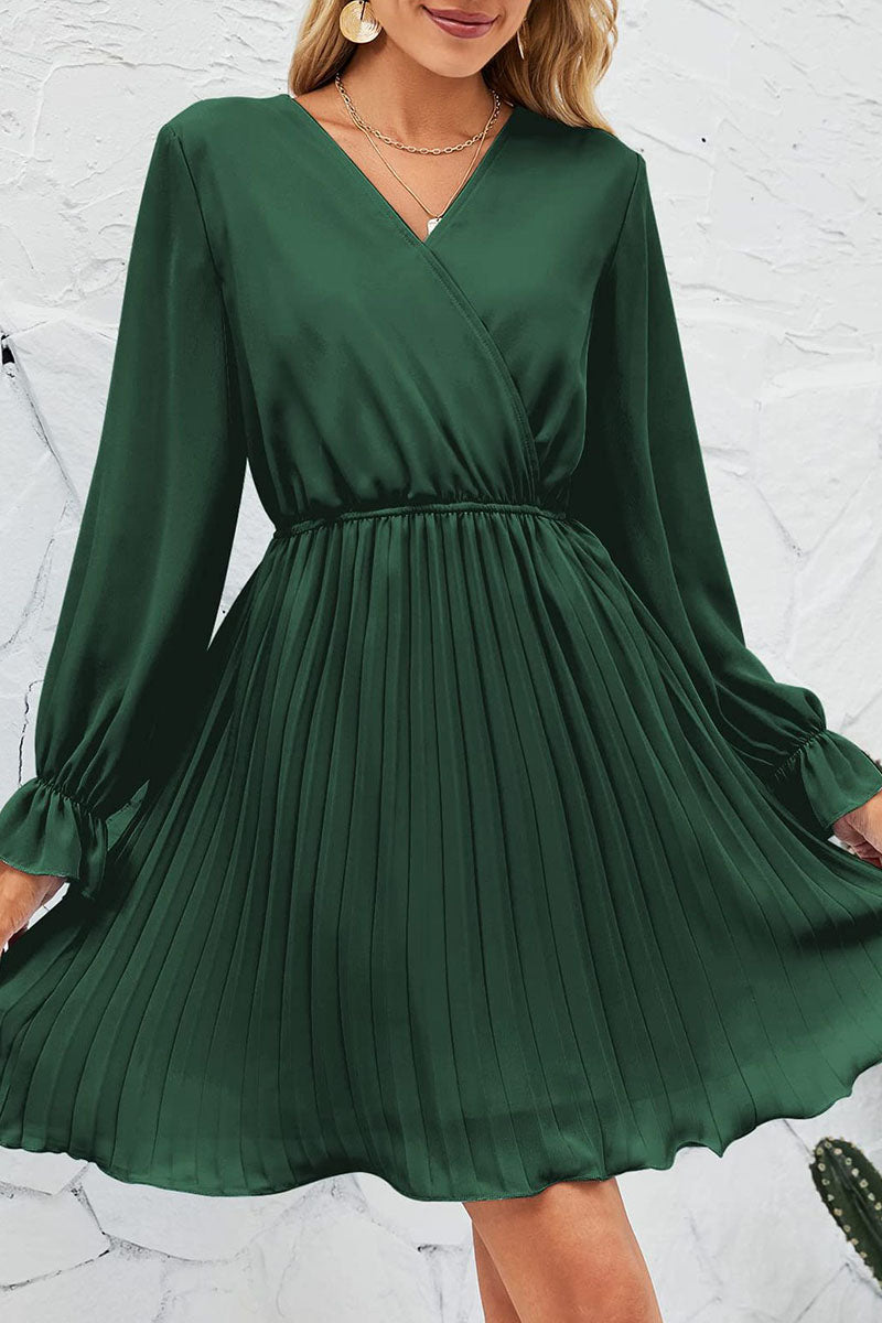 Kaynafashions - Sweet Patchwork Frenulum Fold V Neck Pleated Dresses(5 Colors)