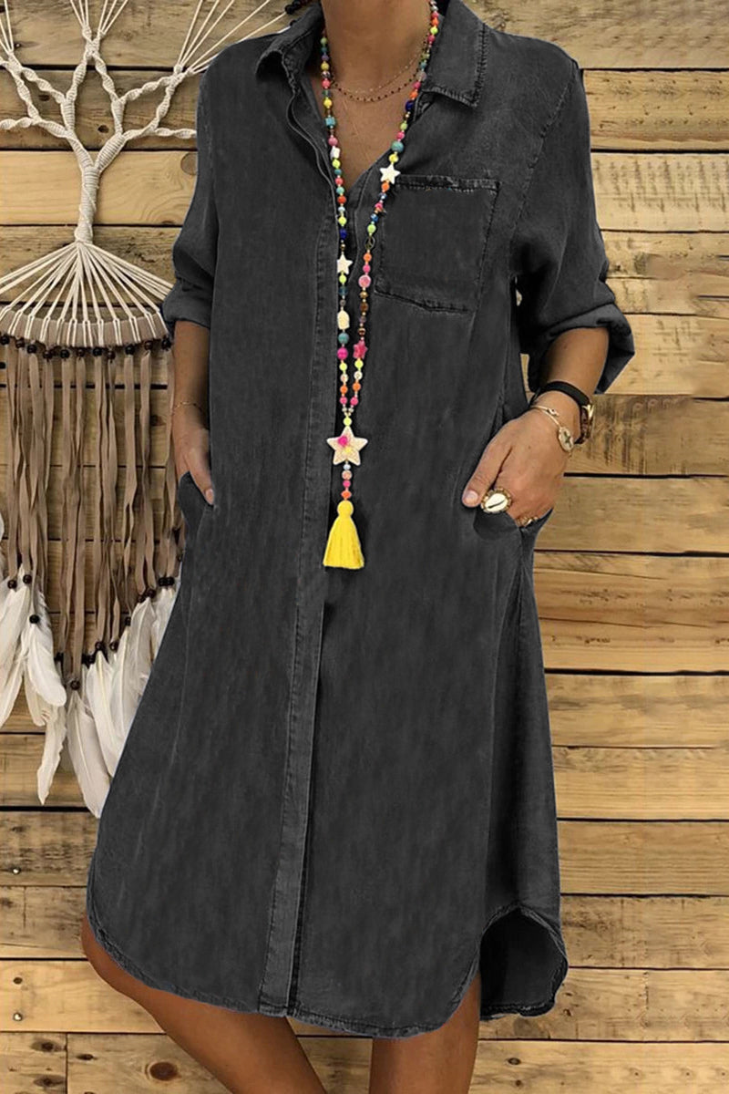 Kaynafashions - Casual Solid Pocket Buckle Shirt Collar Long Sleeve Loose Denim Dresses