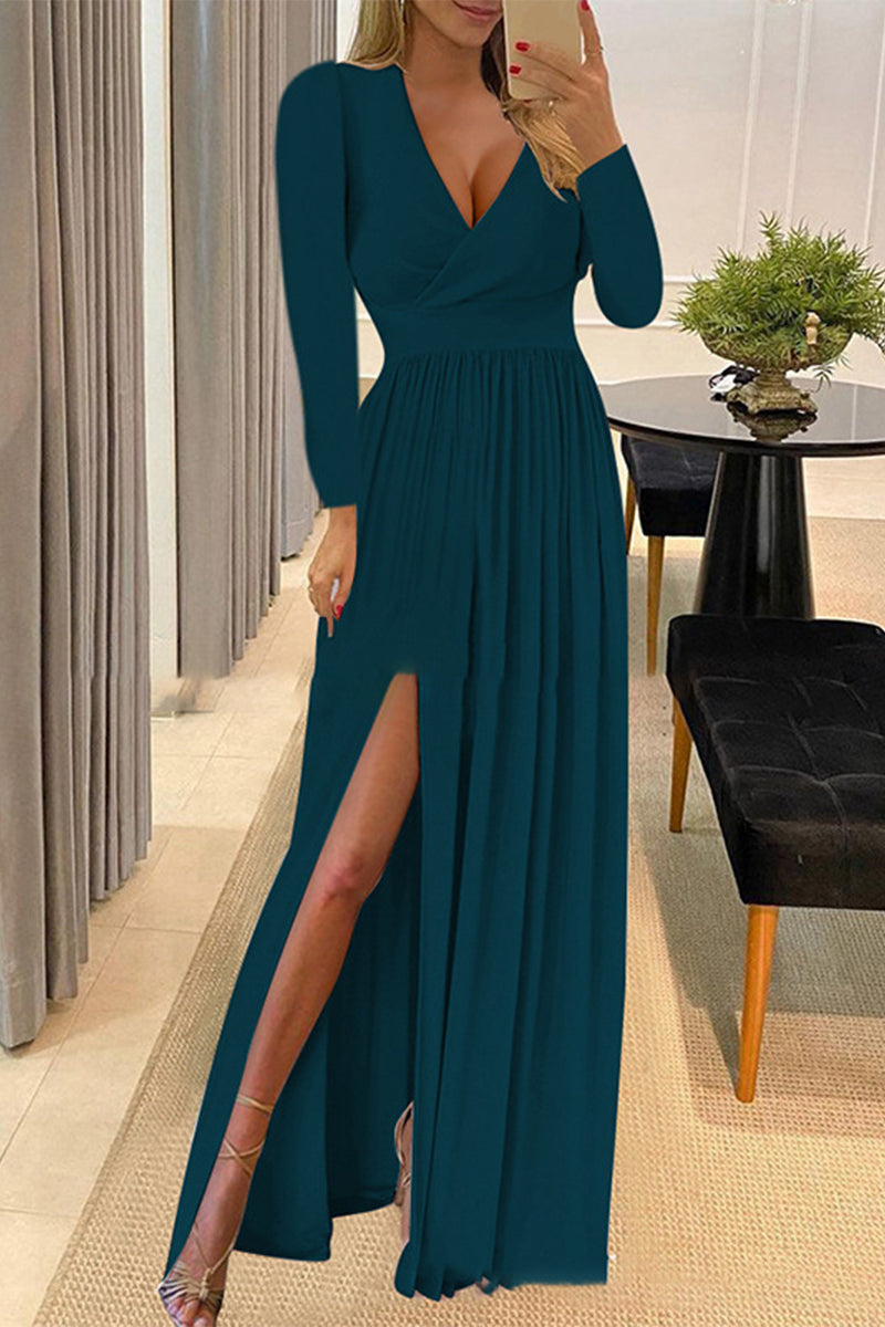 Kaynafashions - Celebrities Elegant Solid Flounce V Neck A Line Dresses(5 Colors)