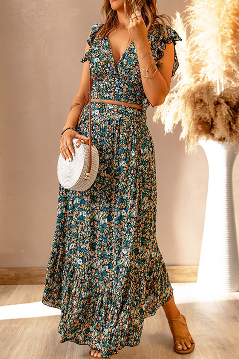 Kaynafashions - Casual Print Flounce V Neck Sleeveless Two Pieces(3 colors)