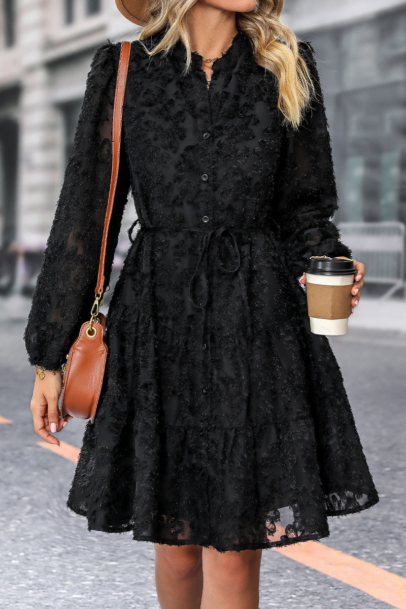 Kaynafashions - Elegant Solid Flounce Mandarin Collar A Line Dresses