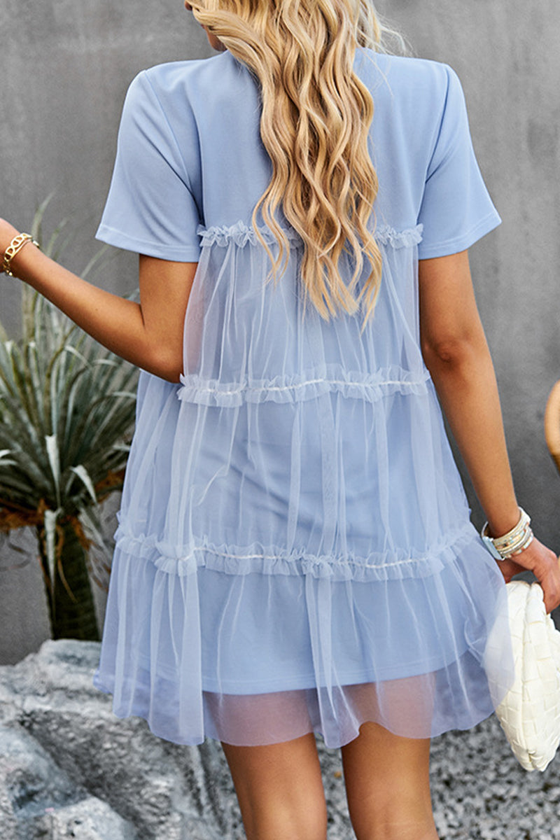Kaynafashions - Sweet Elegant Solid Mesh O Neck Short Sleeve Dress