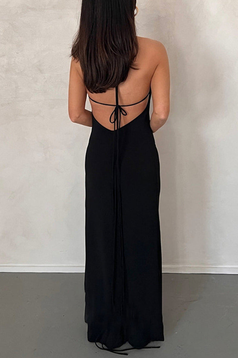 Kaynafashions - Sexy Solid Backless Slit Halter Irregular Dress Dresses