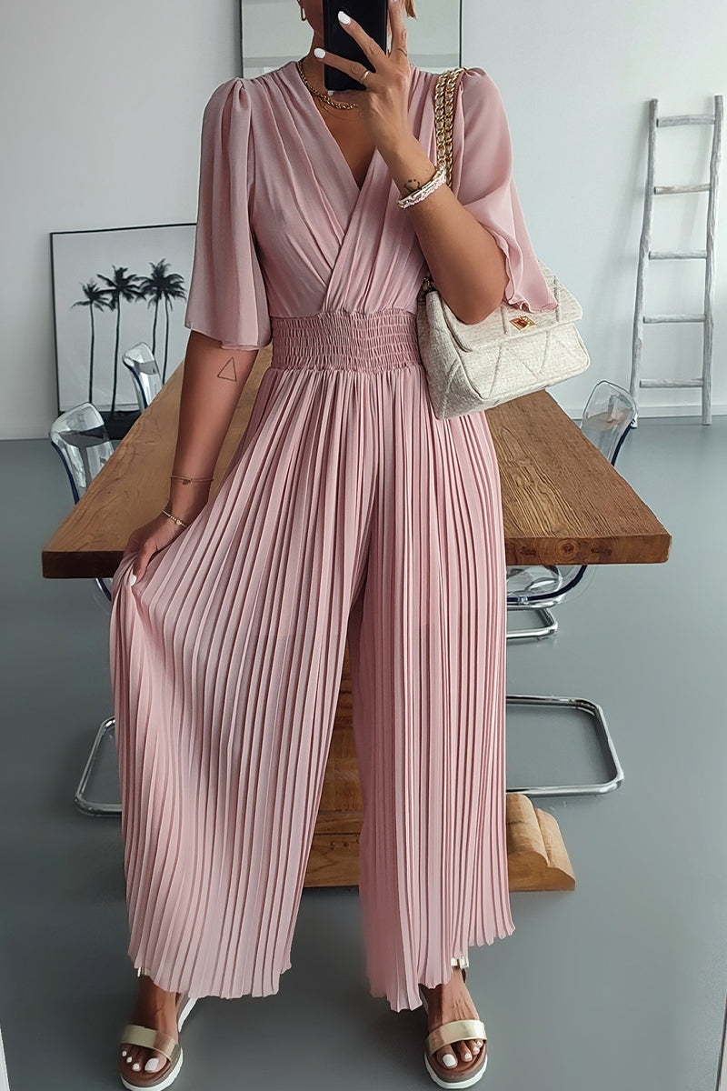 Kaynafashions - Casual Solid Fold V Neck Loose Jumpsuits
