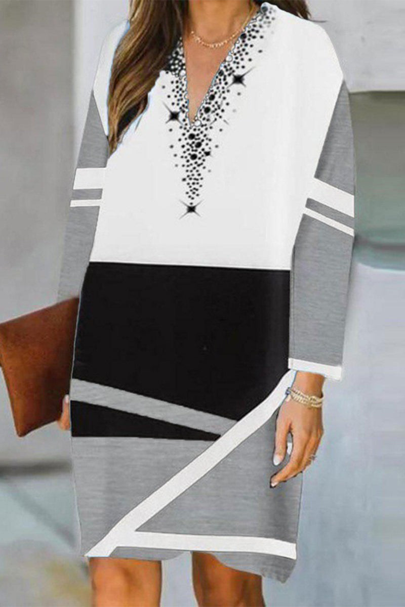 Kaynafashions - Casual Color Block Contrast V Neck Long Sleeve Dresses(5 Colors)