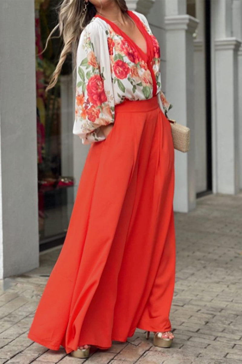 Kaynafashions - Elegant Floral Pocket V Neck Long Sleeve Two Pieces