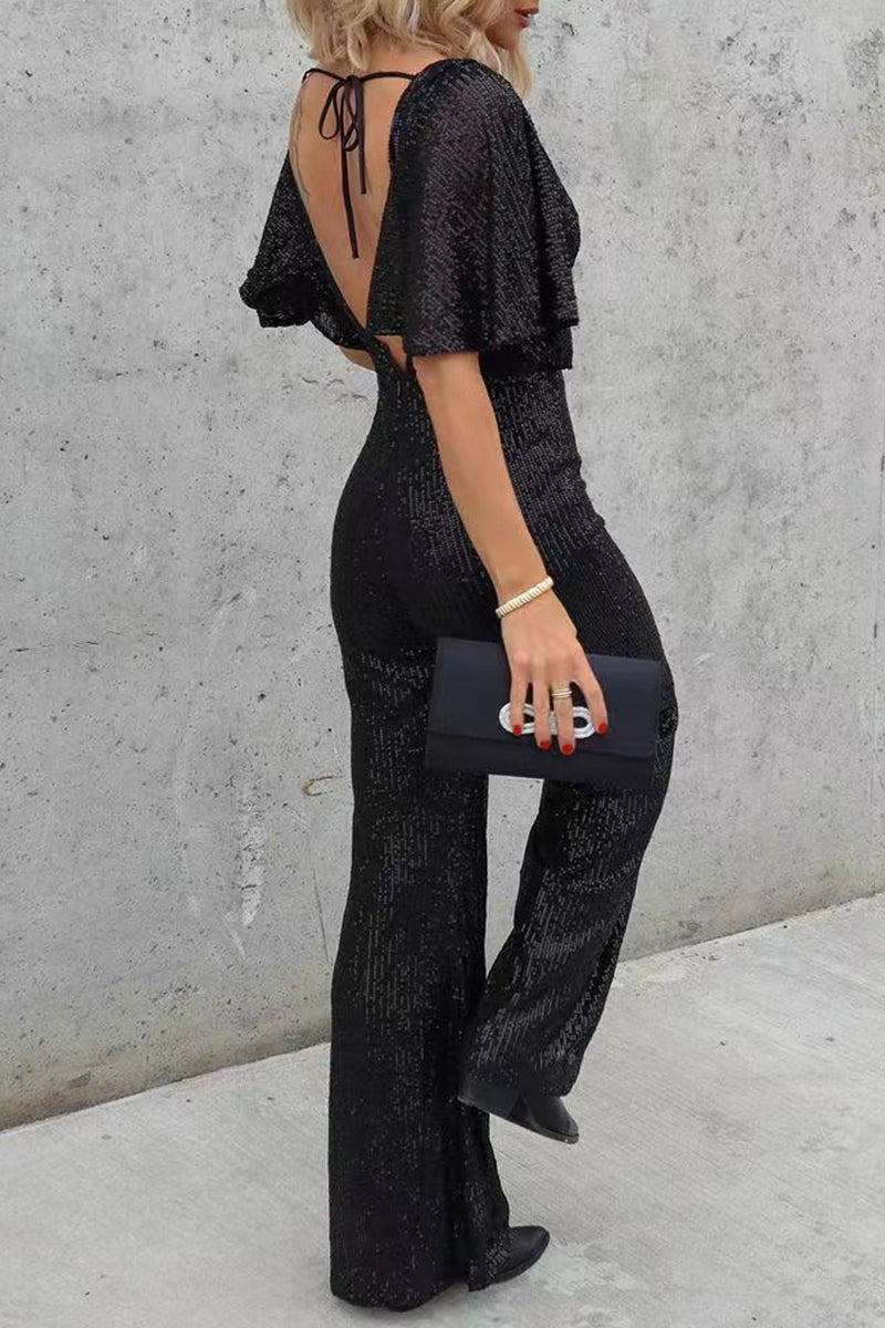 Kaynafashions - Casual Simplicity Solid Sequins V Neck Regular Jumpsuits