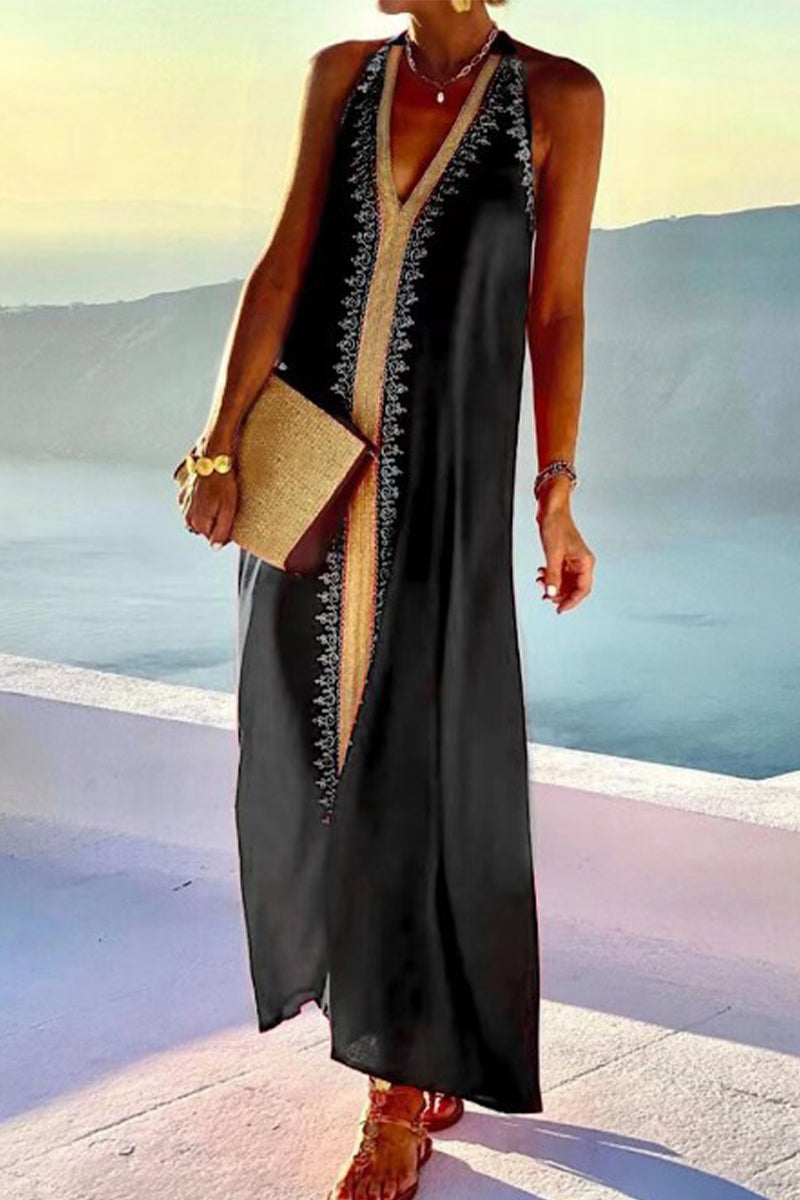 Kaynafashions - Sexy Vacation Print Patchwork V Neck Sleeveless Dress Dresses