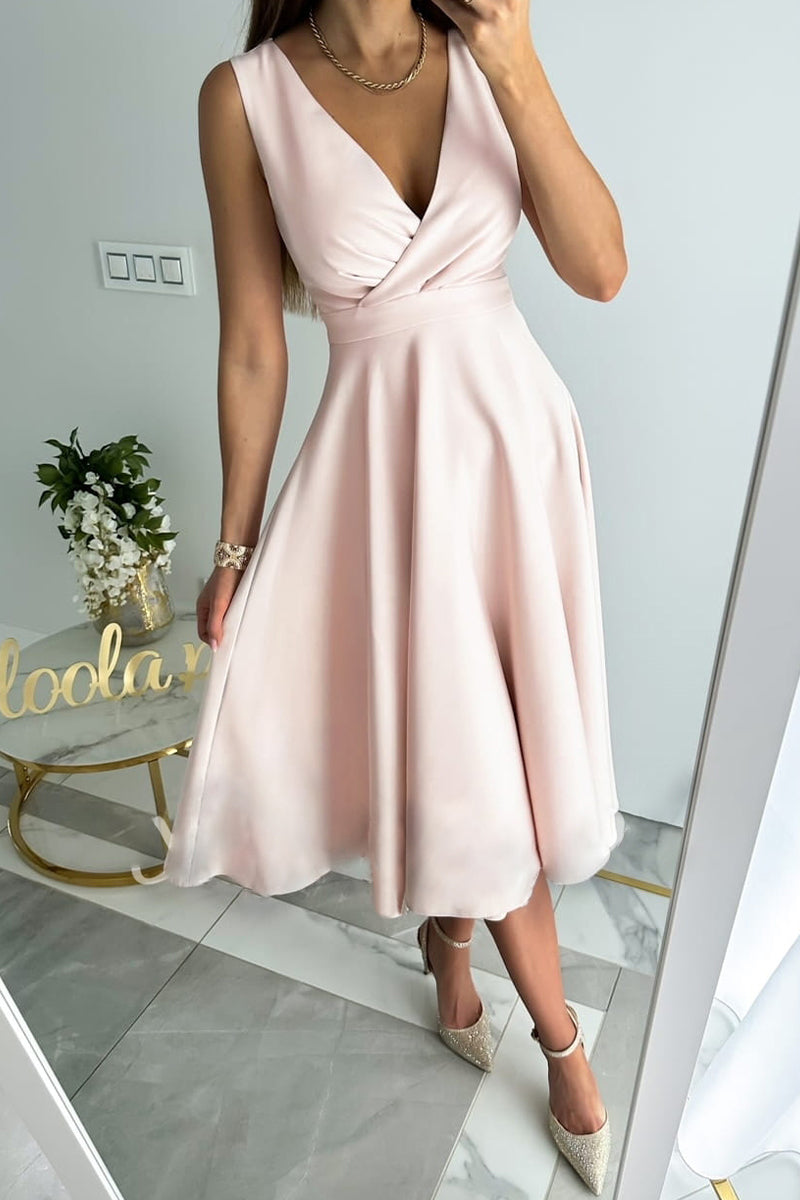 Kaynafashions - Sweet Elegant Solid Fold V Neck Sleeveless Dress Dresses