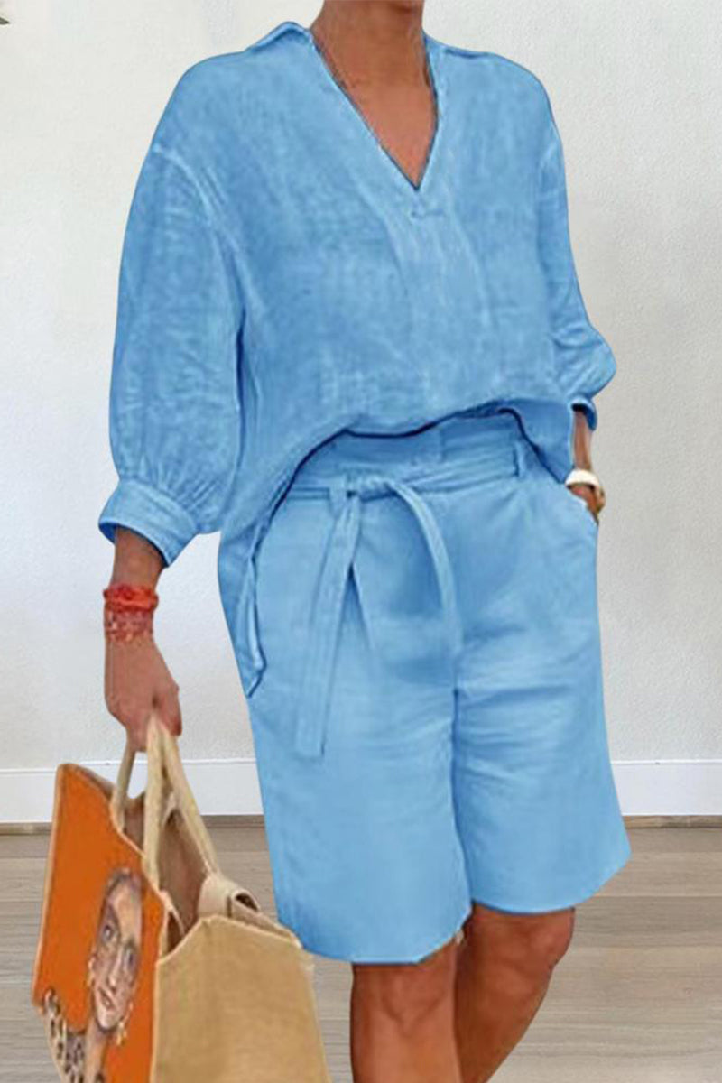 Kaynafashions - Casual Simplicity Solid Pocket V Neck Long Sleeve Two Pieces(4 Colors)