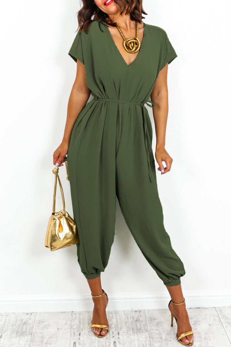 Kaynafashions - Casual Simplicity Solid Frenulum V Neck Loose Jumpsuits(11 Colors)