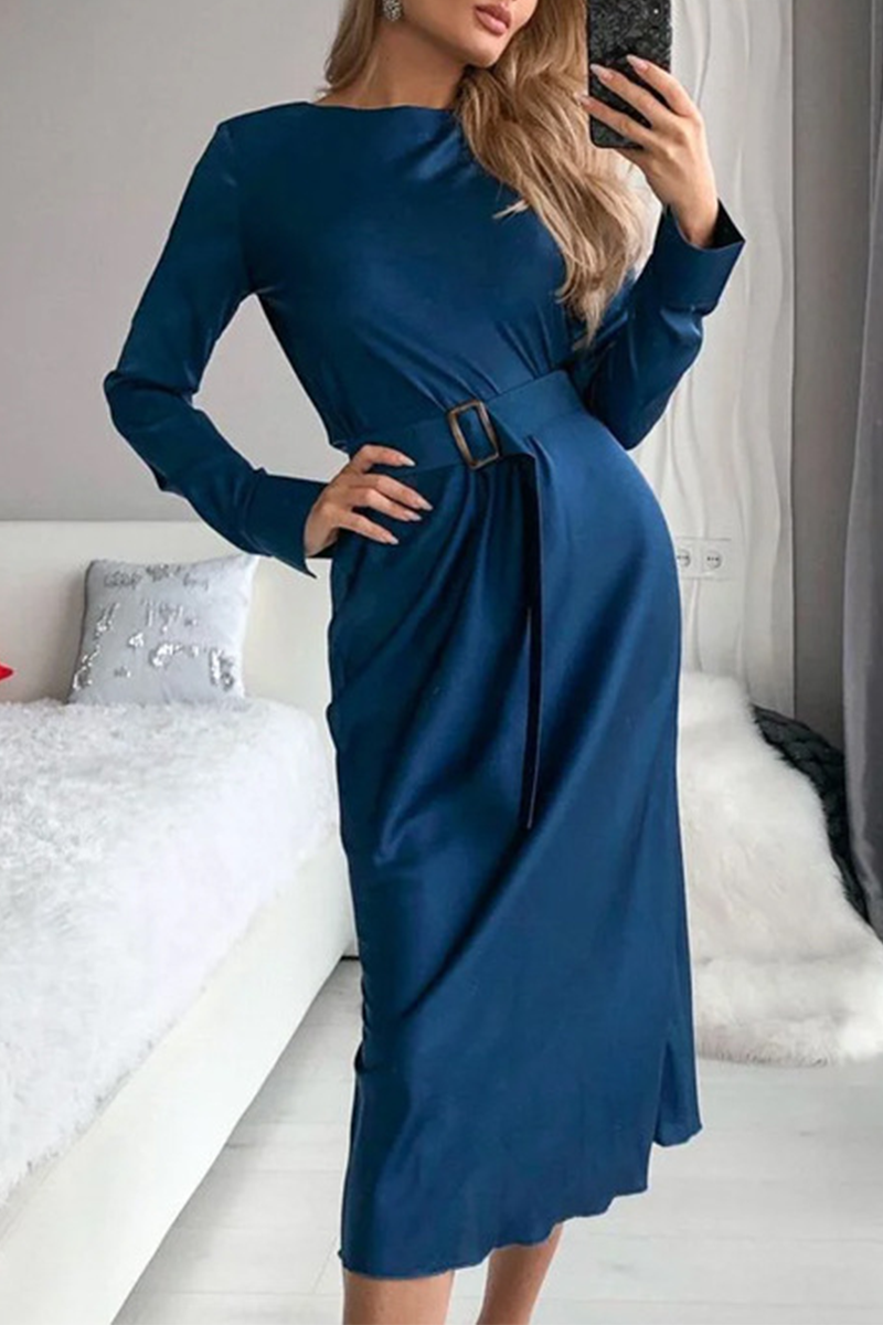 Kaynafashions - Casual Solid Patchwork O Neck Waist Skirt Dresses(3 colors)