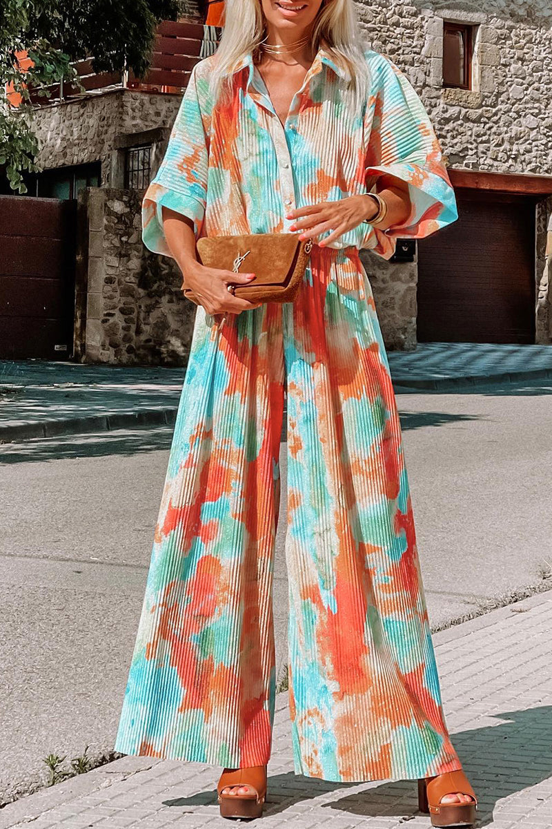 Kaynafashions - Bohemian Tie Dye Patchwork Turndown Collar Loose Jumpsuits