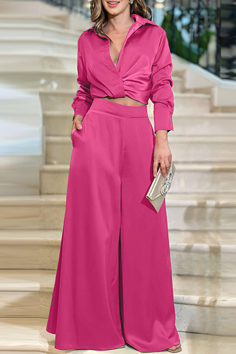 Kaynafashions - Elegant Solid Fold Turndown Collar Long Sleeve Two Pieces