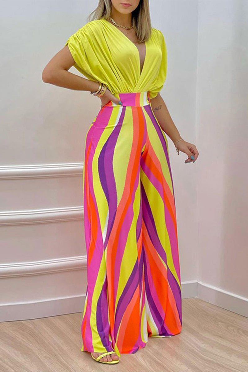 Kaynafashions - Elegant Print Solid Patchwork V Neck Short Sleeve Two Pieces