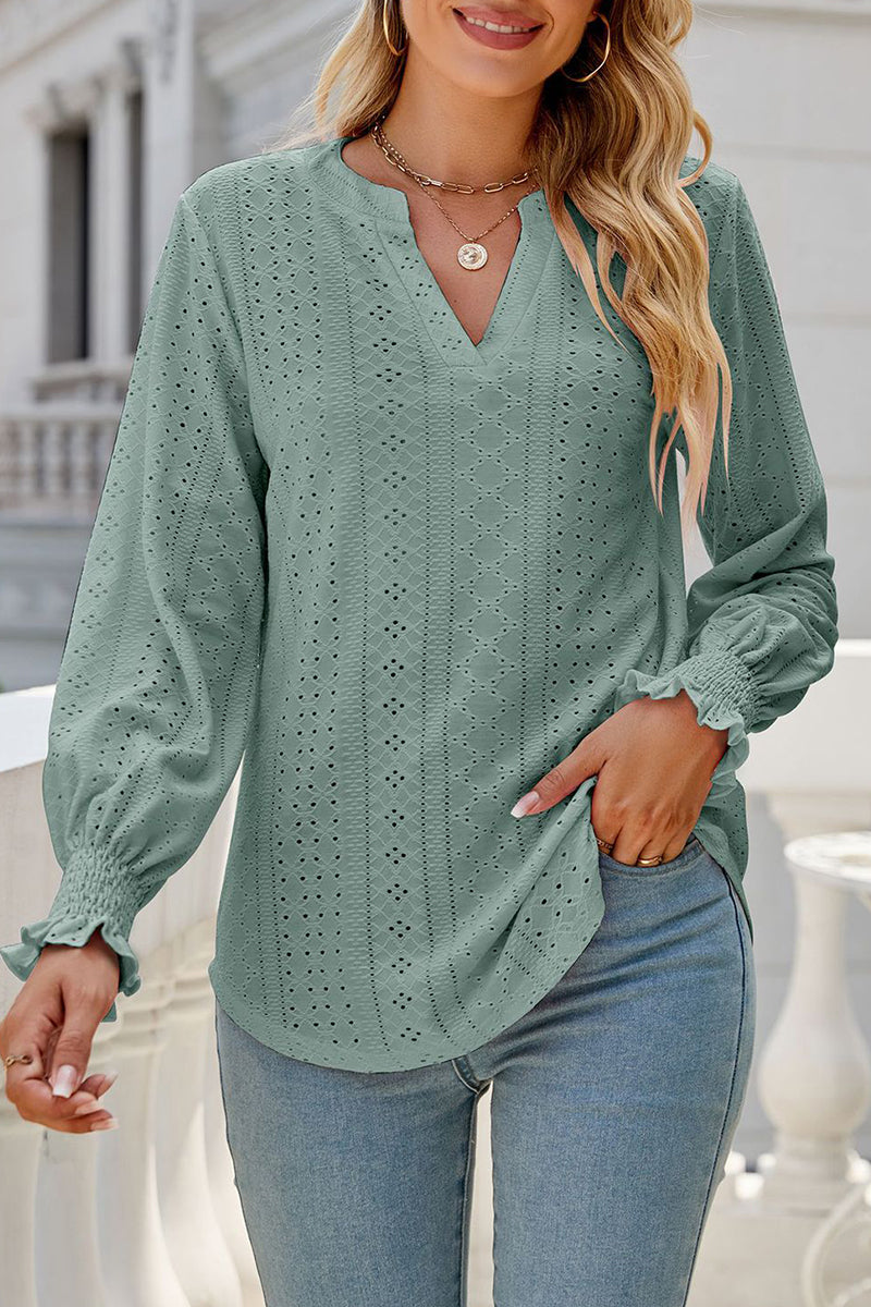 Kaynafashions - Casual Solid Hollowed Out Stringy Selvedge V Neck Tops