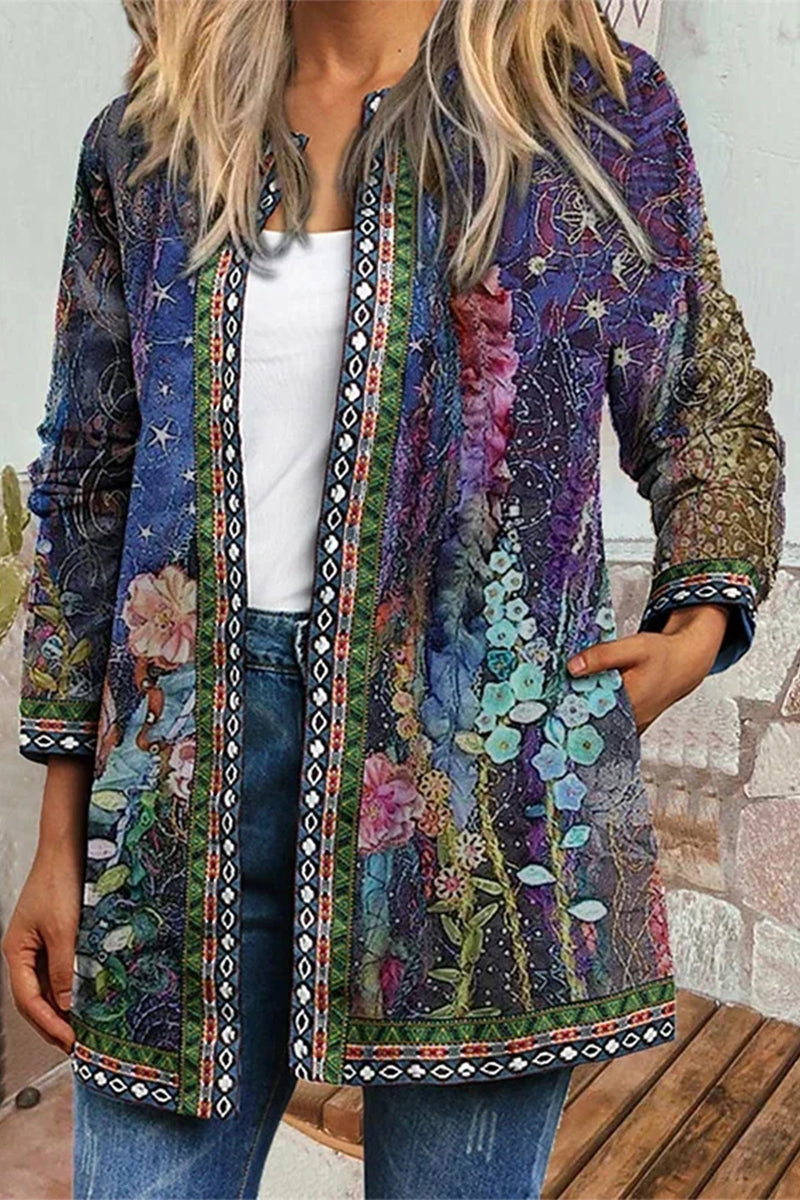 Kaynafashions - Casual Print Pocket O Neck Outerwear