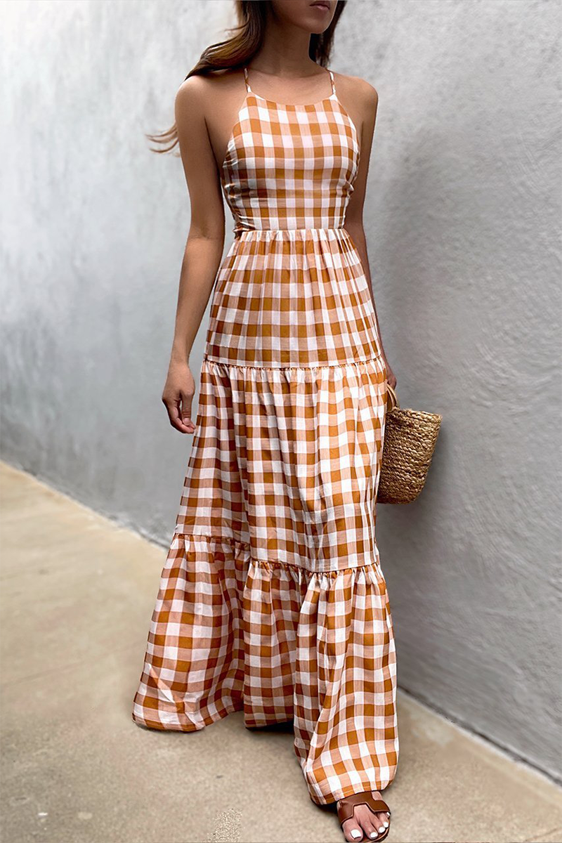 Kaynafashions - Casual Vacation Plaid Frenulum Backless Halter Dresses