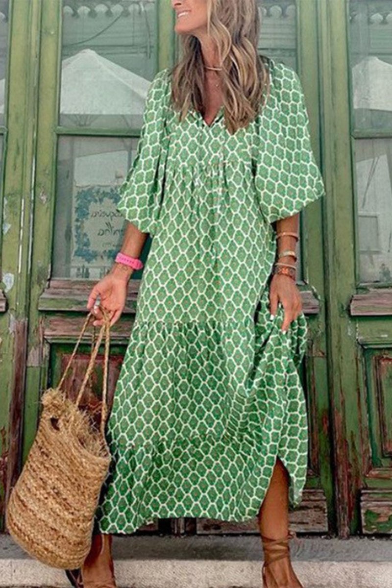 Kaynafashions - Sweet Elegant Print Floun)ce Printing O Neck Printed Dress Dresses(9 Colors)