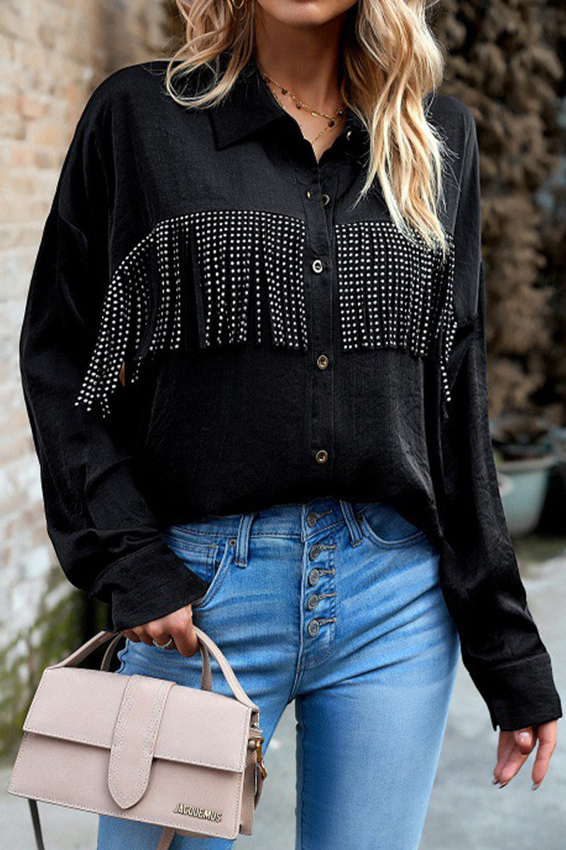 Kaynafashions - Casual Solid Tassel Shirt Collar Tops