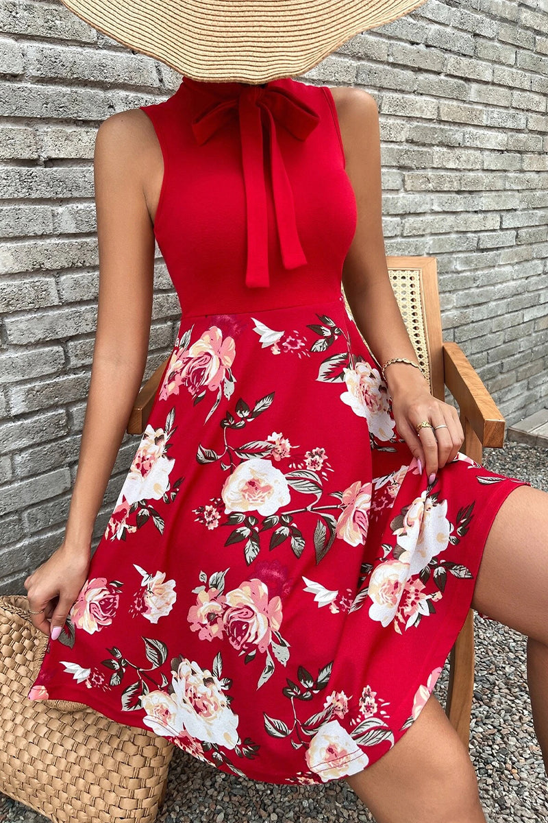 Kaynafashions - Sweet Elegant Print Patchwork With Bow O Neck A Line Dresses(5 Colors)