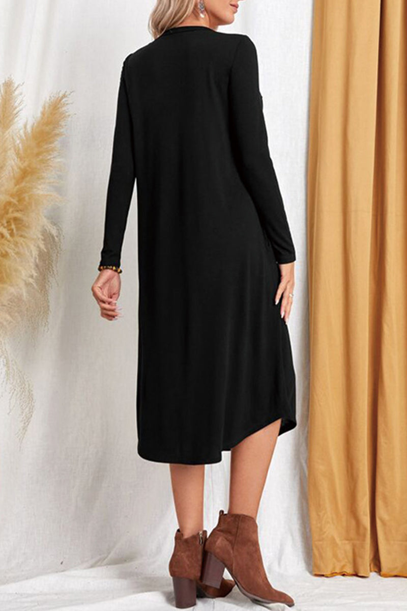 Kaynafashions - Casual Simplicity Solid Pocket O Neck Long Sleeve Dresses(6 Colors)