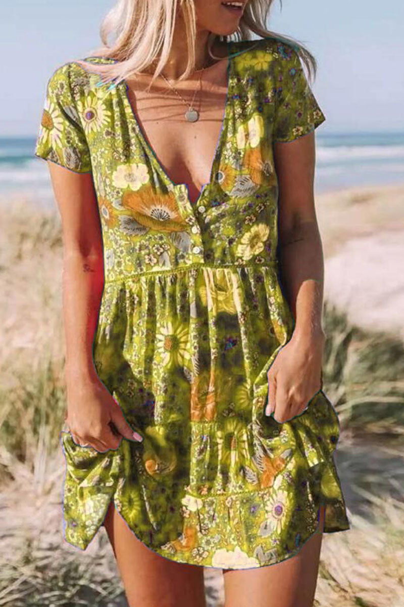Kaynafashions - Fashion Street Print Patchwork V Neck Pleated Dresses