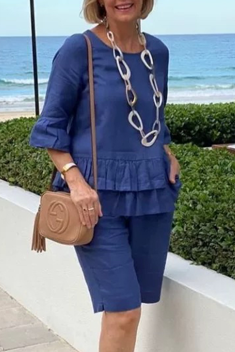 Kaynafashions - Casual Solid Flounce O Neck Half Sleeve Two Pieces