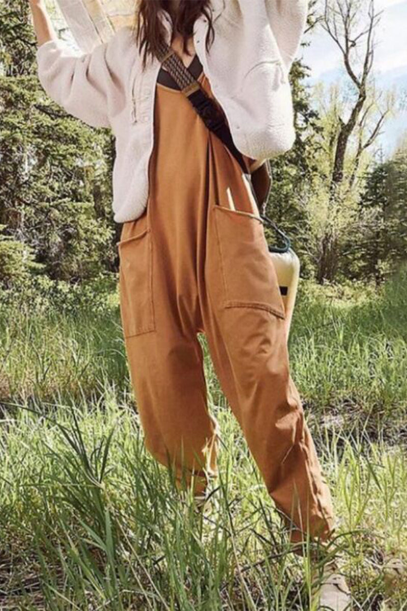 Kaynafashions - Street Solid Color V Neck Loose Jumpsuits(3 Colors)