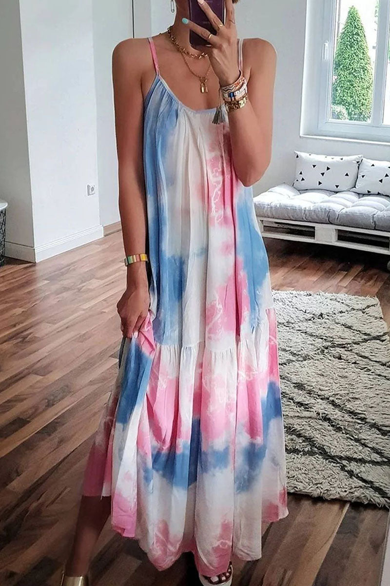 Kaynafashions - Fashion Street Tie Dye Spaghetti Strap Pleated Dresses