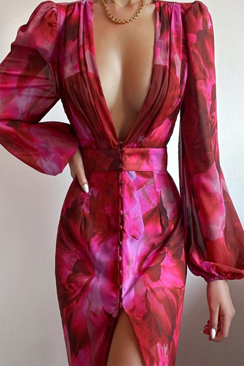 Kaynafashions - Elegant Floral V Neck Printed Dress Dresses