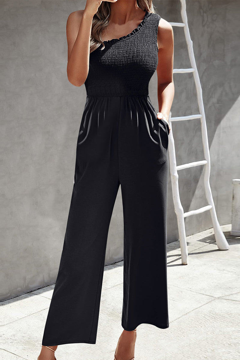 Kaynafashions - Casual Print Patchwork Pocket Oblique Collar Loose Jumpsuits