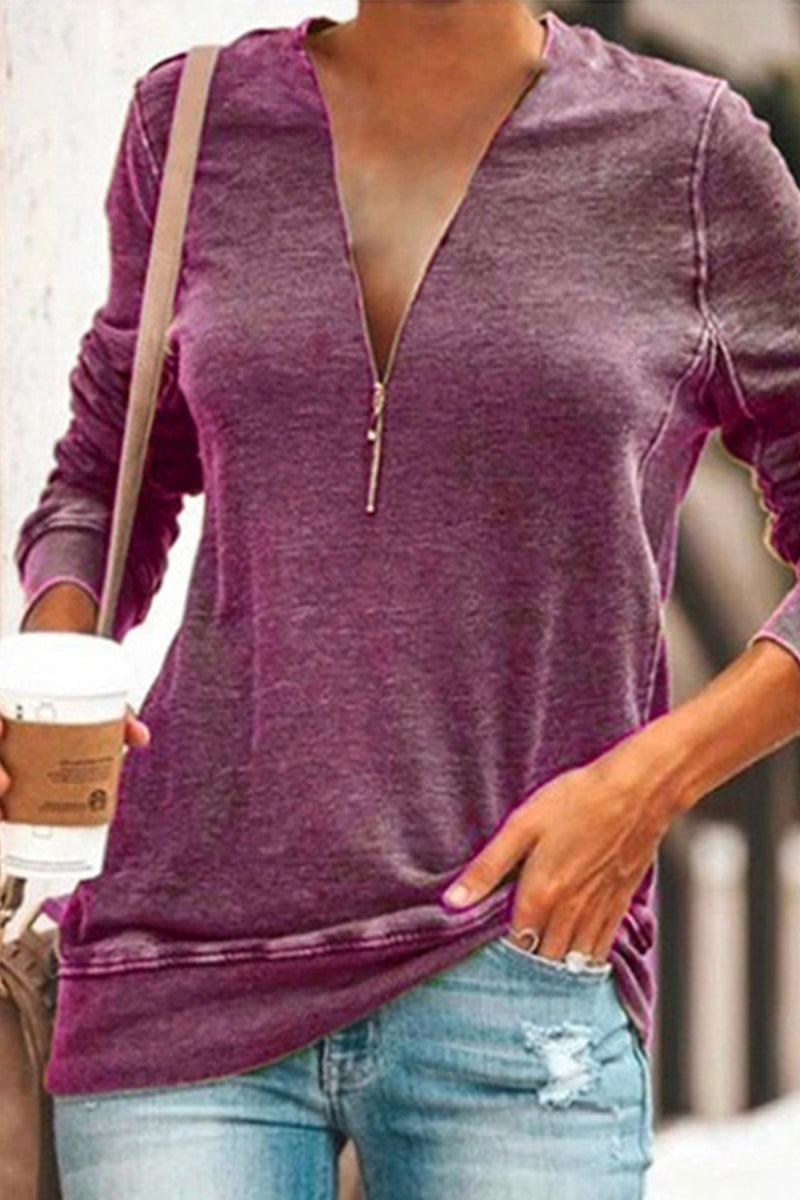 Kaynafashions - Work Solid Patchwork Zipper V Neck Tops(5 Colors)