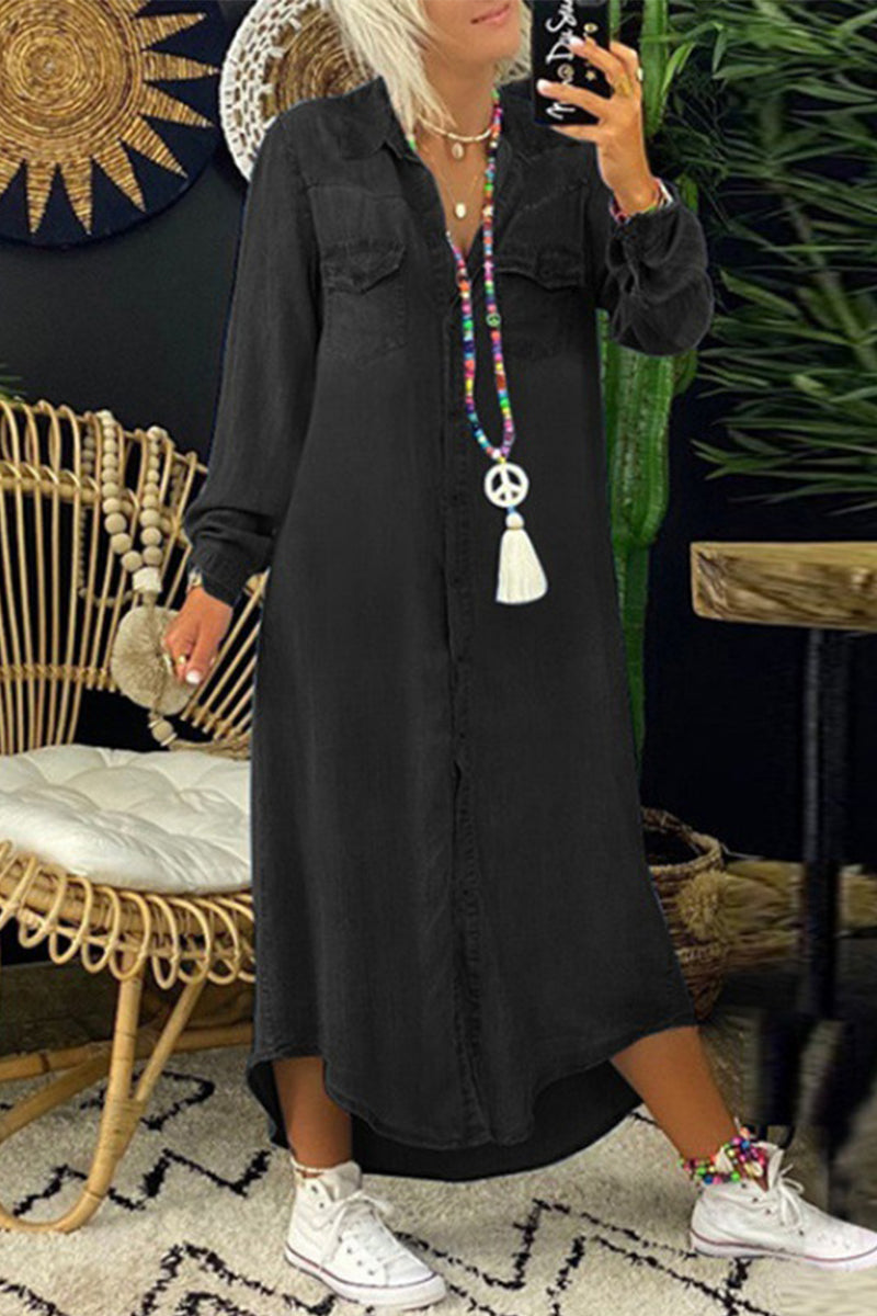 Kaynafashions - Casual Street Solid Patchwork Shirt Collar Long Sleeve Loose Denim Dresses(3 Colors)