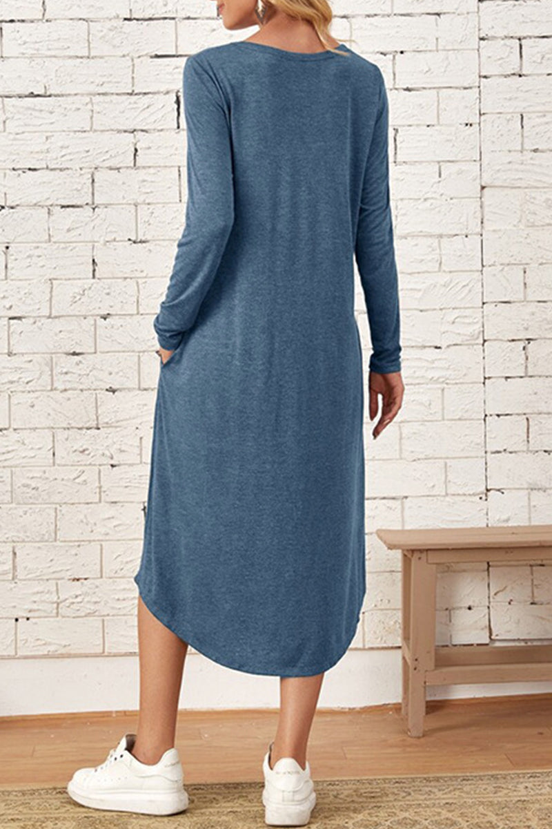 Kaynafashions - Casual Simplicity Solid Pocket O Neck Long Sleeve Dresses(6 Colors)