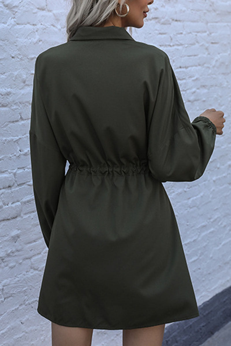 Kaynafashions - Fashion Street Solid Patchwork Turndown Collar A Line Dresses