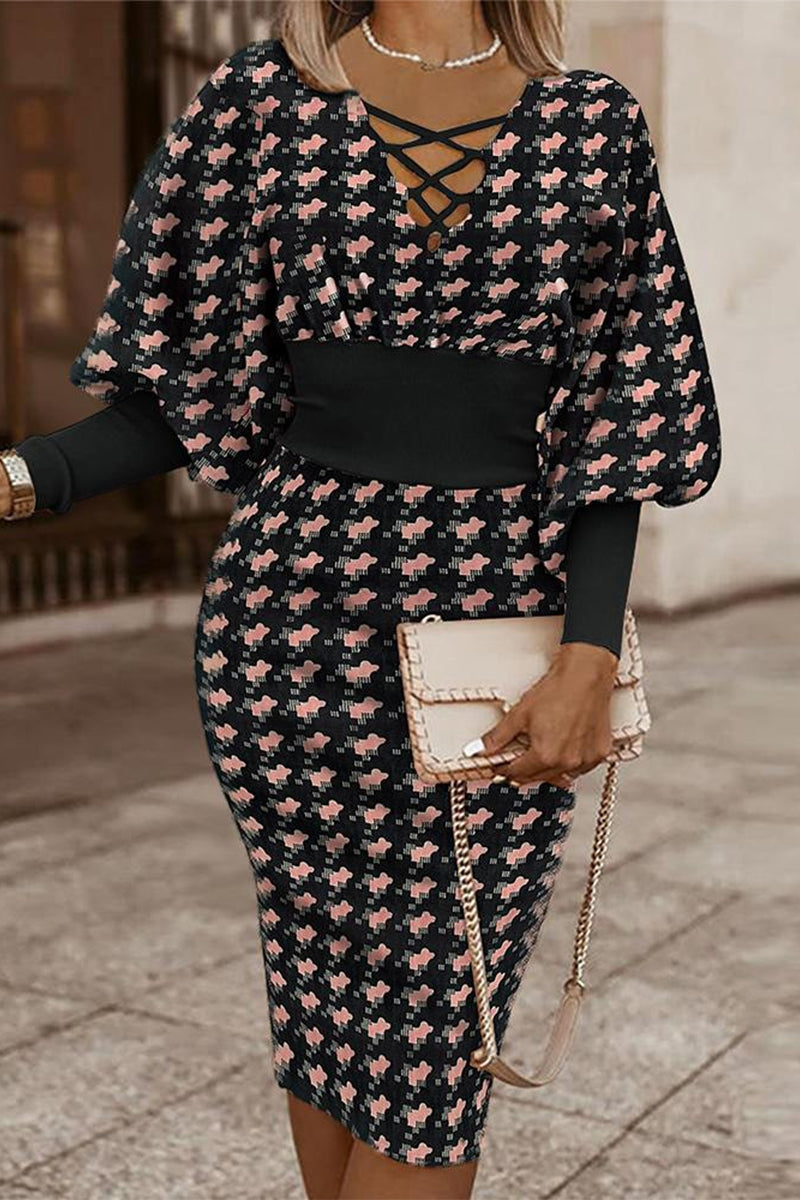 Kaynafashions - Elegant Print Bandage V Neck Wrapped Skirt Dresses