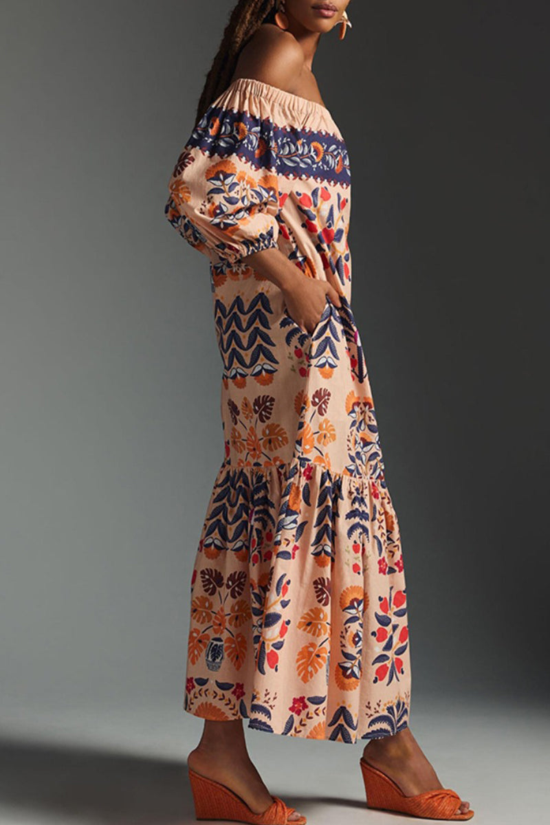 Kaynafashions - Elegant College Floral Patchwork Off the Shoulder Printed Dress Dresses